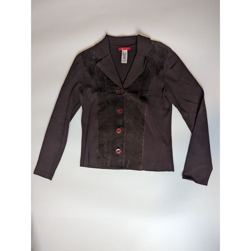 Vintage Anne Klein Small Brown Leather Sweater Button Front Collared 90s